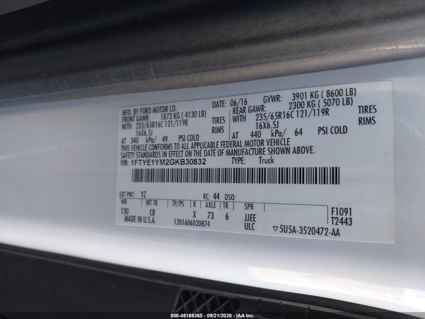 FORD TRANSIT-150 2016 VIN 1FTYE1YM2GKB30832