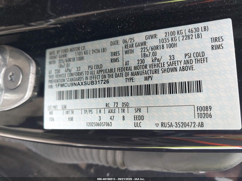 FORD ESCAPE 2025 VIN 1FMCU9NAXSUB31726