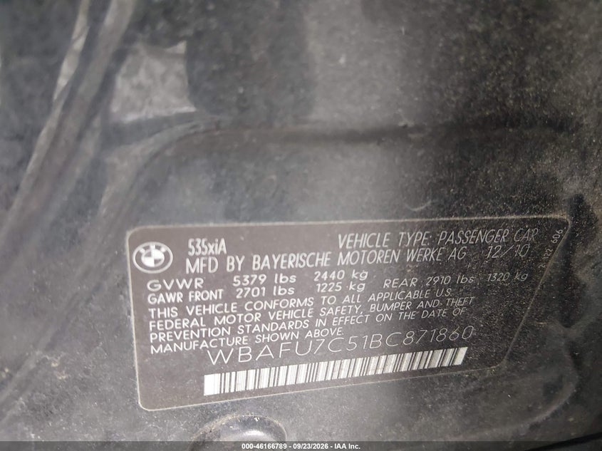 BMW 535I 2011 VIN WBAFU7C51BC871860