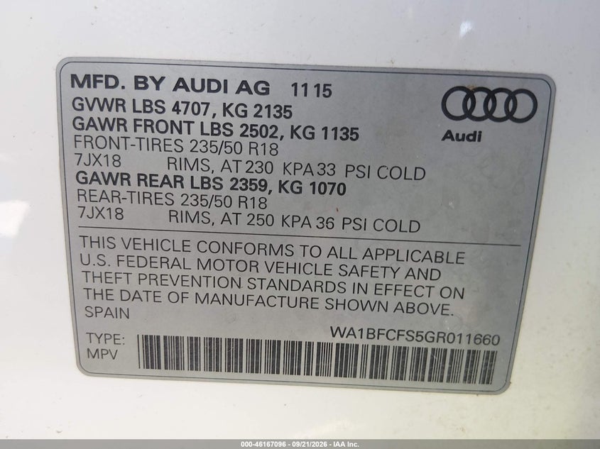 AUDI Q3 2016 VIN WA1BFCFS5GR011660