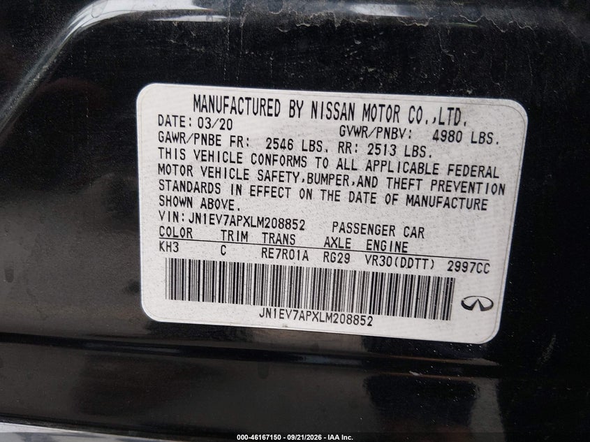 INFINITI Q50 2020 VIN JN1EV7APXLM208852