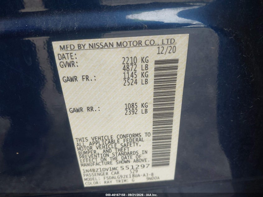 NISSAN LEAF 2021 VIN 1N4BZ1DV1MC551297