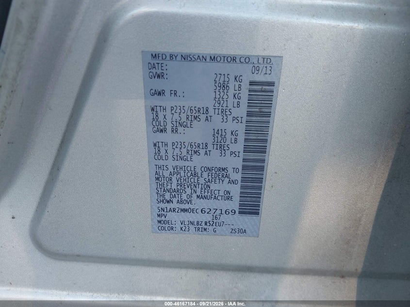 NISSAN PATHFINDER 2014 VIN 5N1AR2MM0EC627169
