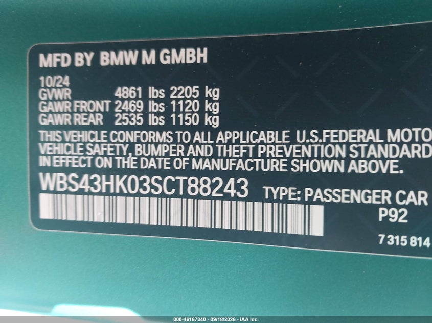 BMW M4 2025 VIN WBS43HK03SCT88243
