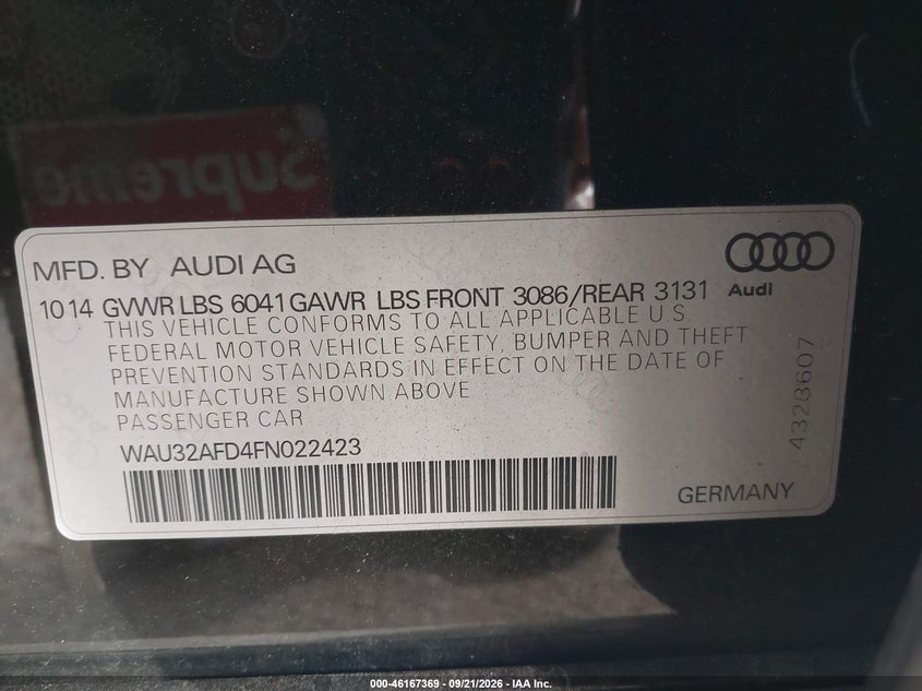 AUDI A8 L 2015 VIN WAU32AFD4FN022423