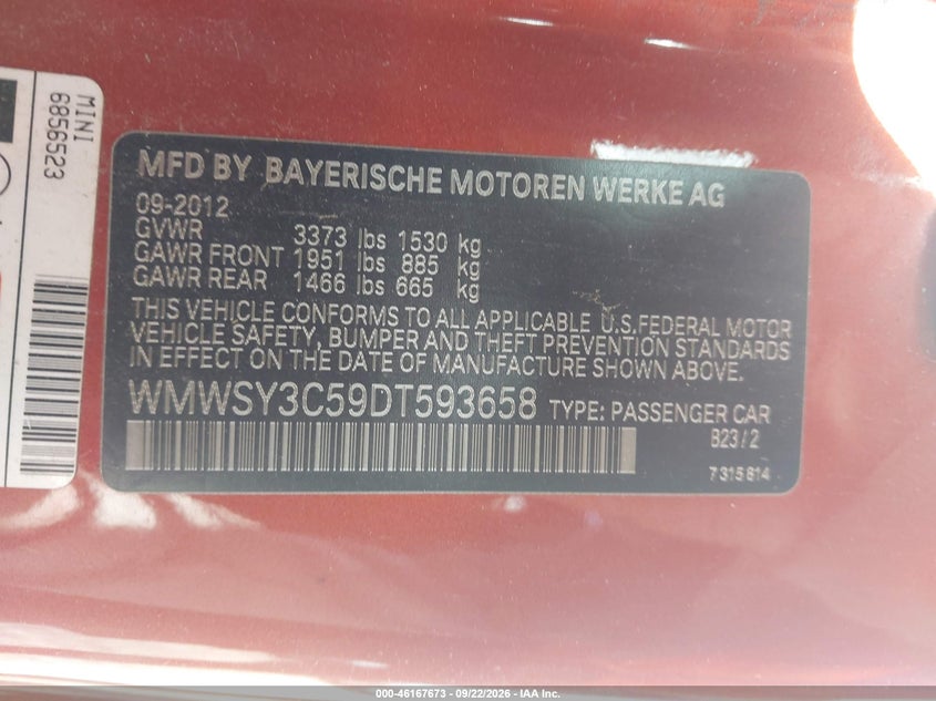 MINI ROADSTER 2013 VIN WMWSY3C59DT593658