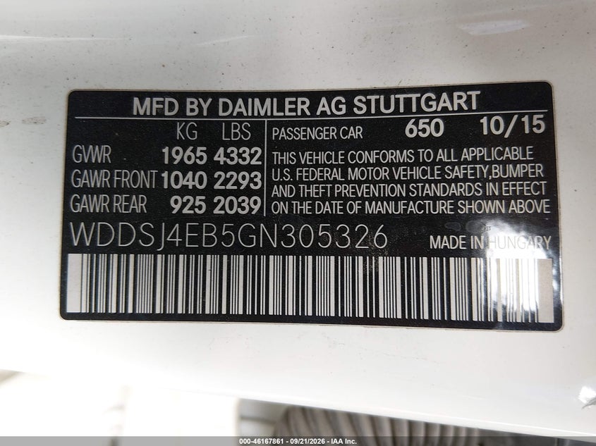 MERCEDES-BENZ CLA 250 2016 VIN WDDSJ4EB5GN305326