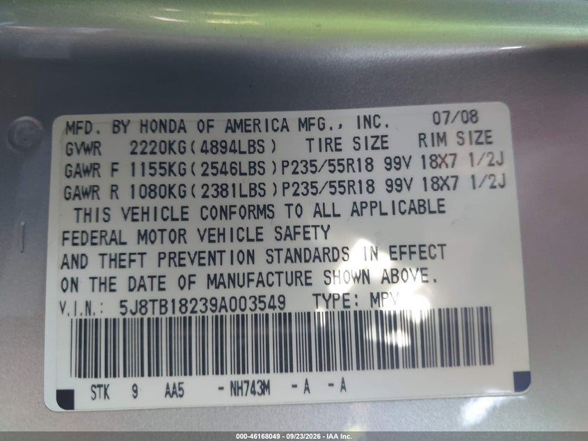ACURA RDX 2009 VIN 5J8TB18239A003549