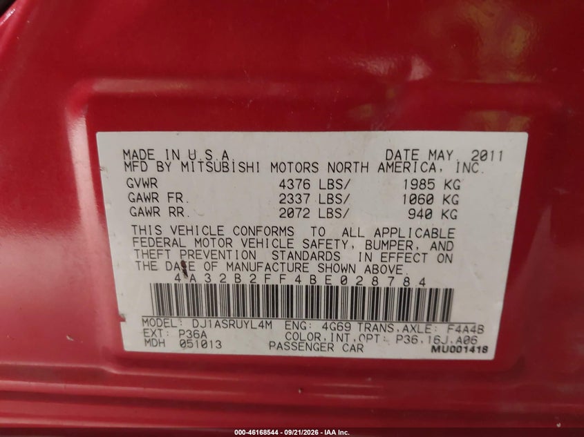 MITSUBISHI GALANT 2011 VIN 4A32B2FF4BE028784