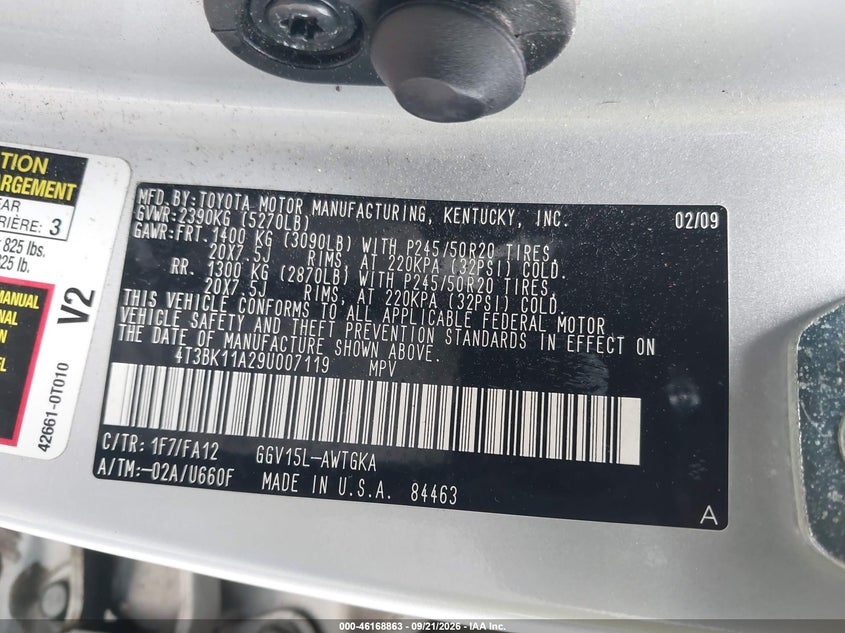 TOYOTA VENZA 2009 VIN 4T3BK11A29U007119