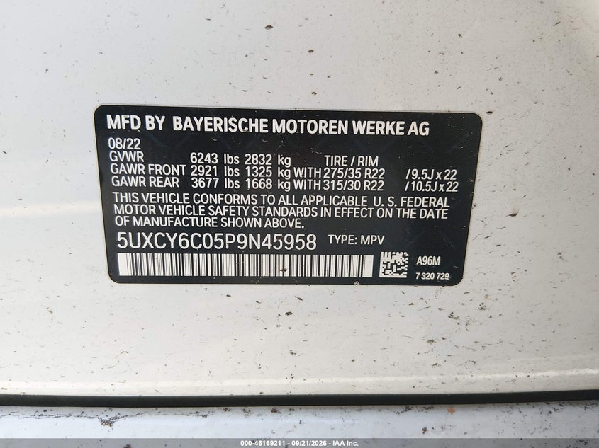 BMW X6 2023 VIN 5UXCY6C05P9N45958