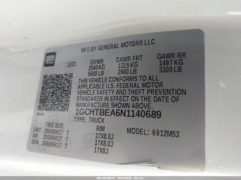 Vin: 1gchtbea6n1140689, lot: 46669221, chevrolet colorado 4wd  long box wt 20224