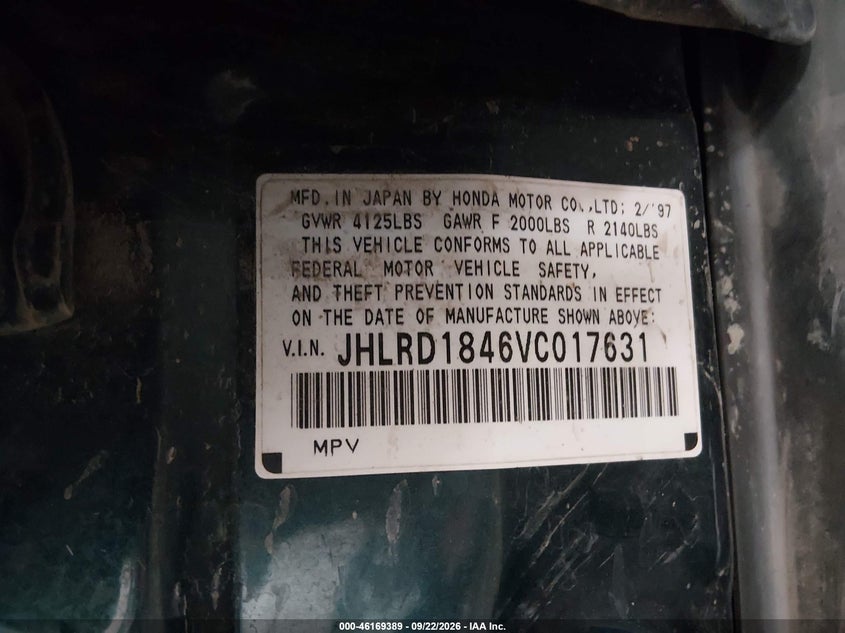 HONDA CR-V 1997 VIN JHLRD1846VC017631