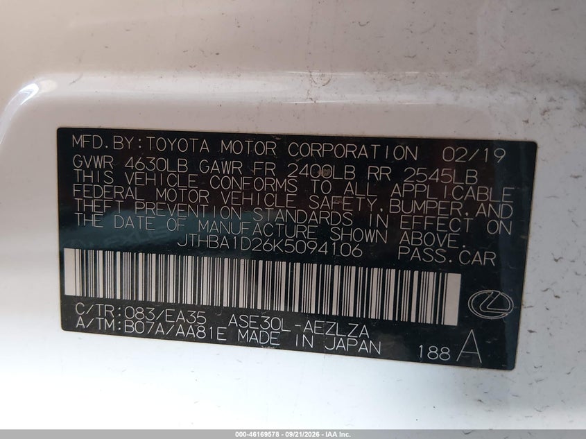 LEXUS IS 300 2019 VIN JTHBA1D26K5094106