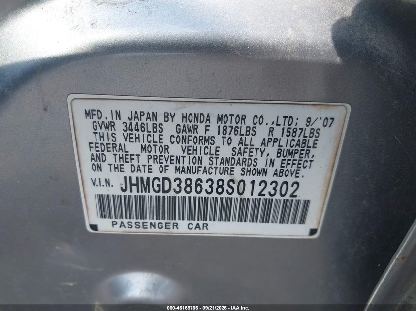 HONDA FIT 2008 VIN JHMGD38638S012302
