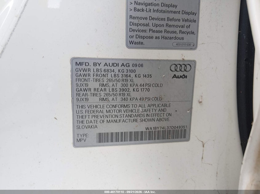 AUDI Q7 2007 VIN WA1BY74L37D049351