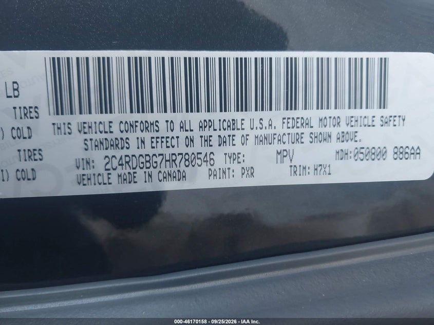 DODGE GRAND CARAVAN 2017 VIN 2C4RDGBG7HR780546