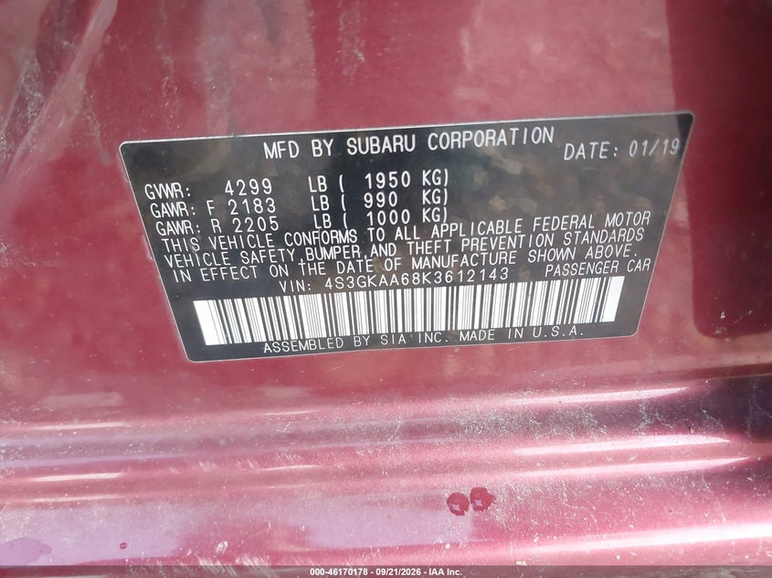 SUBARU IMPREZA 2019 VIN 4S3GKAA68K3612143