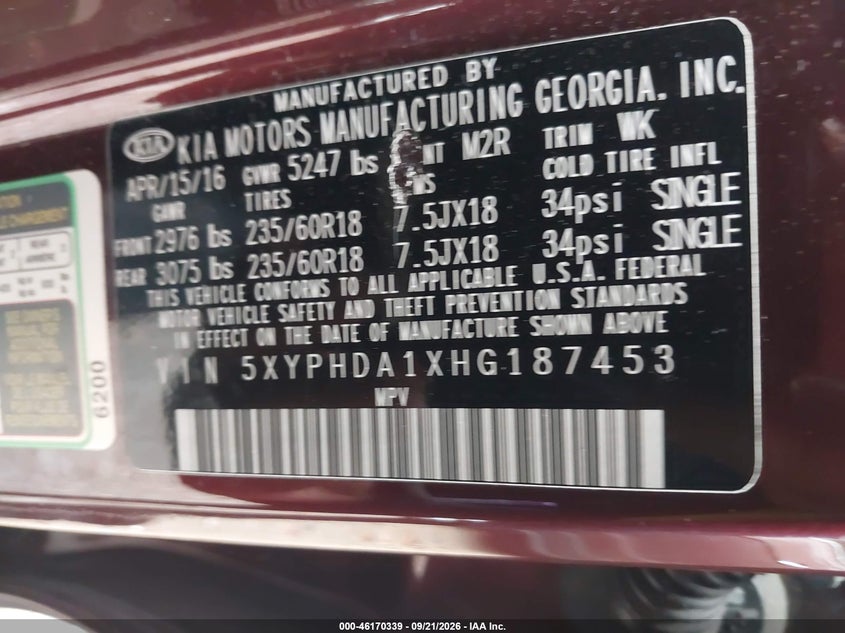 KIA SORENTO 2017 VIN 5XYPHDA1XHG187453