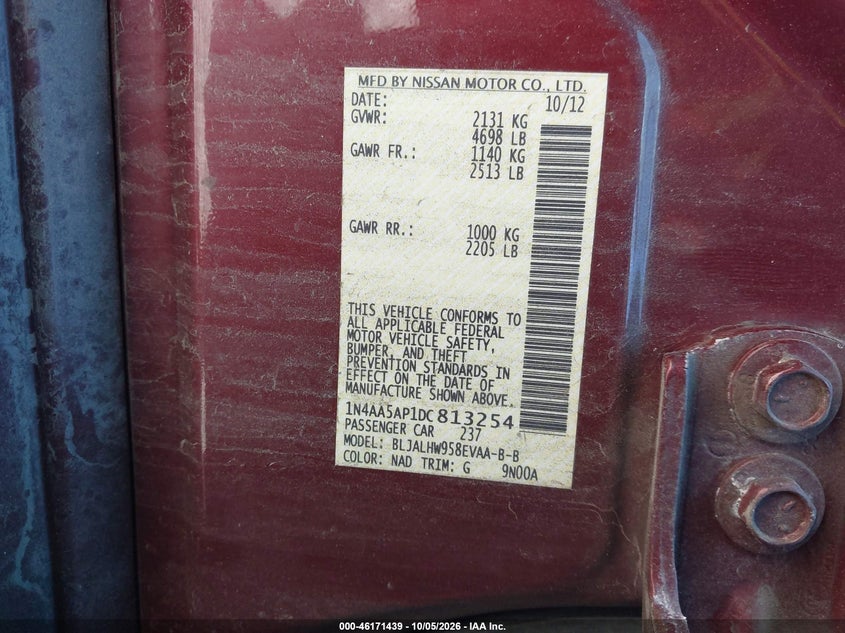 NISSAN MAXIMA 2013 VIN 1N4AA5AP1DC813254
