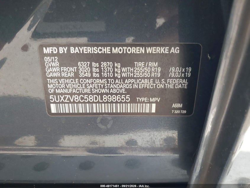 BMW X5 2013 VIN 5UXZV8C58DL898655