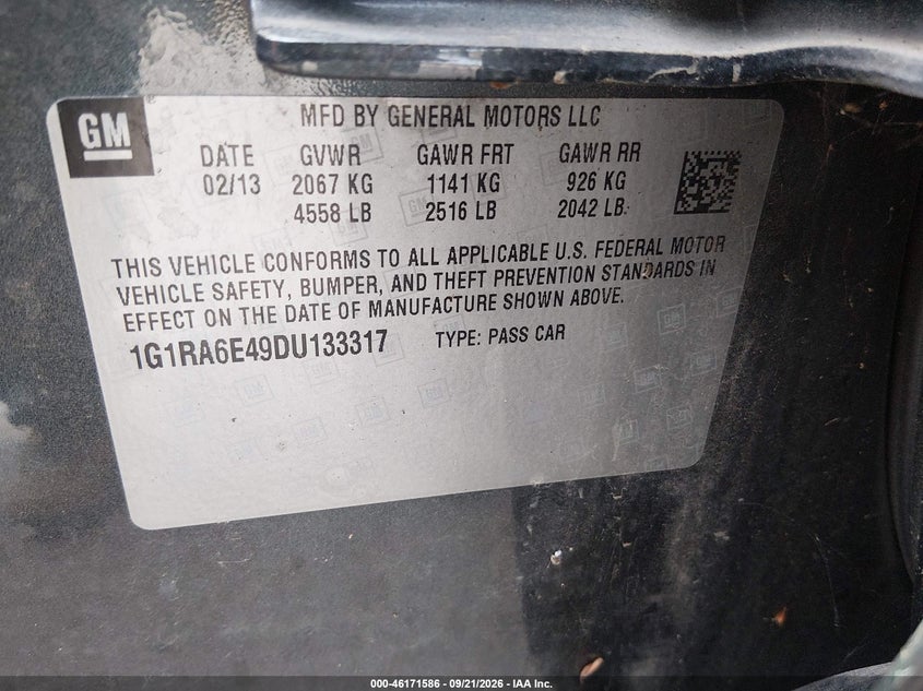CHEVROLET VOLT 2013 VIN 1G1RA6E49DU133317
