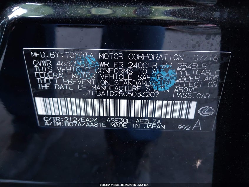 LEXUS IS 200T 2016 VIN JTHBA1D25G5033207