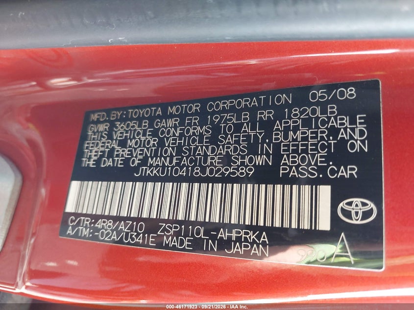 SCION XD 2008 VIN JTKKU10418J029589