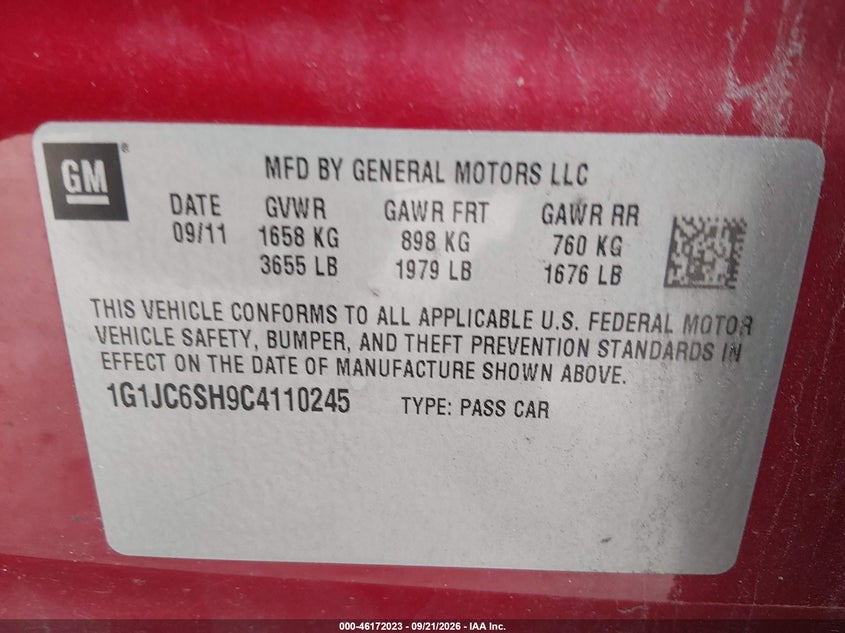 CHEVROLET SONIC 2012 VIN 1G1JC6SH9C4110245