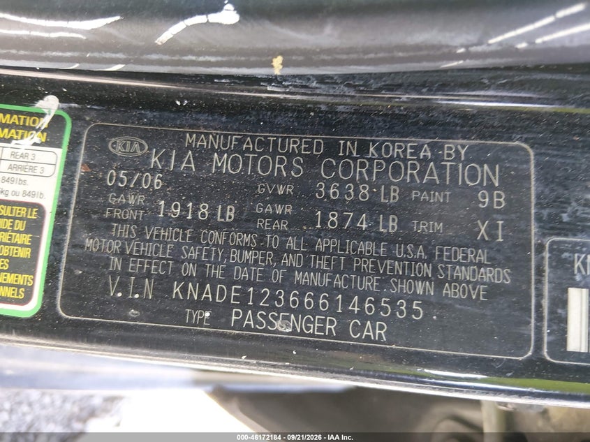 KIA RIO 2006 VIN KNADE123666146535