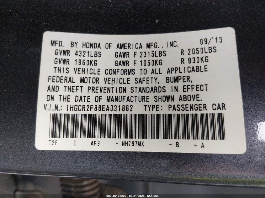 HONDA ACCORD 2014 VIN 1HGCR2F86EA031882