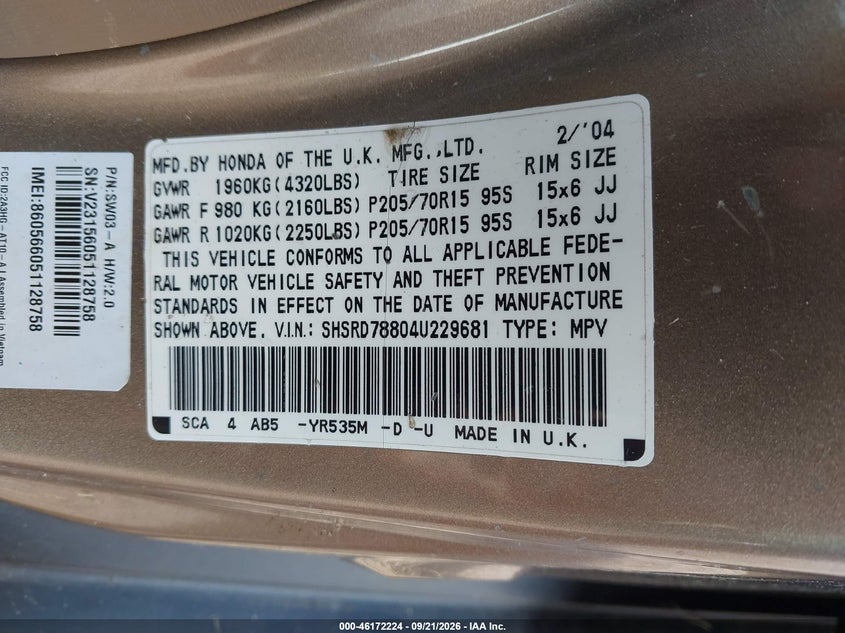 HONDA CR-V 2004 VIN SHSRD78804U229681