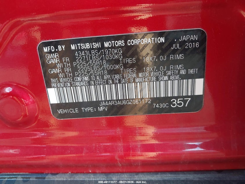 MITSUBISHI OUTLANDER SPORT 2016 VIN JA4AR3AU6GZ061172