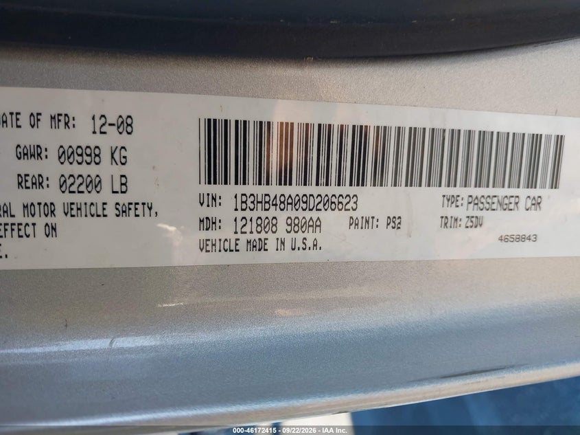 DODGE CALIBER 2009 VIN 1B3HB48A09D206623