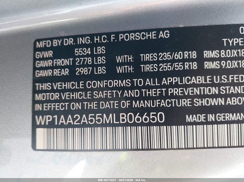 PORSCHE MACAN 2021 VIN WP1AA2A55MLB06650
