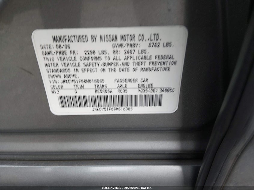 INFINITI G35X 2006 VIN JNKCV51F66M618065