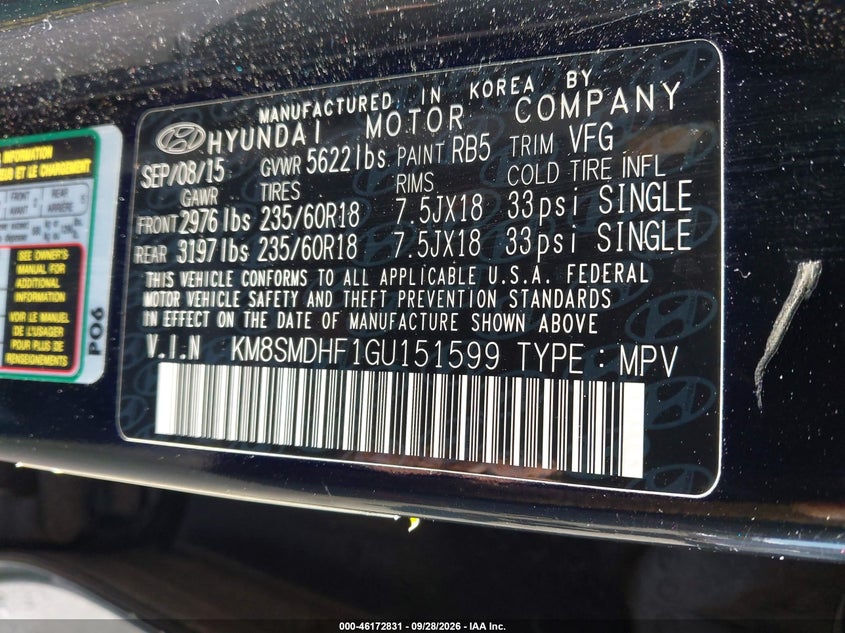 HYUNDAI SANTA FE 2016 VIN KM8SMDHF1GU151599