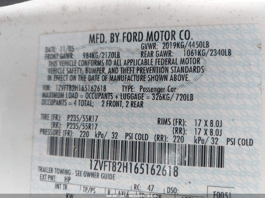 FORD MUSTANG 2006 VIN 1ZVFT82H165162618