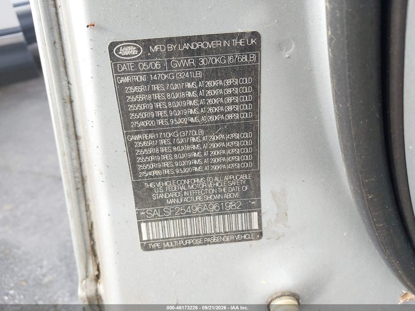 LAND-ROVER RANGE ROVER SPORT 2006 VIN SALSF25496A961982