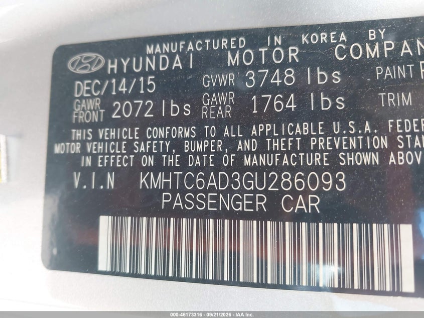 HYUNDAI VELOSTER 2016 VIN KMHTC6AD3GU286093