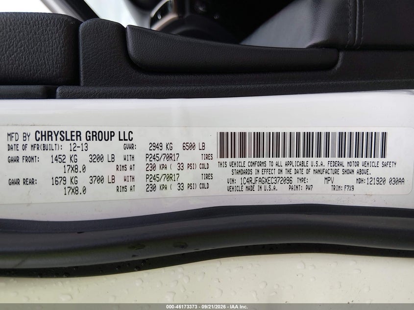 JEEP GRAND CHEROKEE 2014 VIN 1C4RJFAGXEC372096