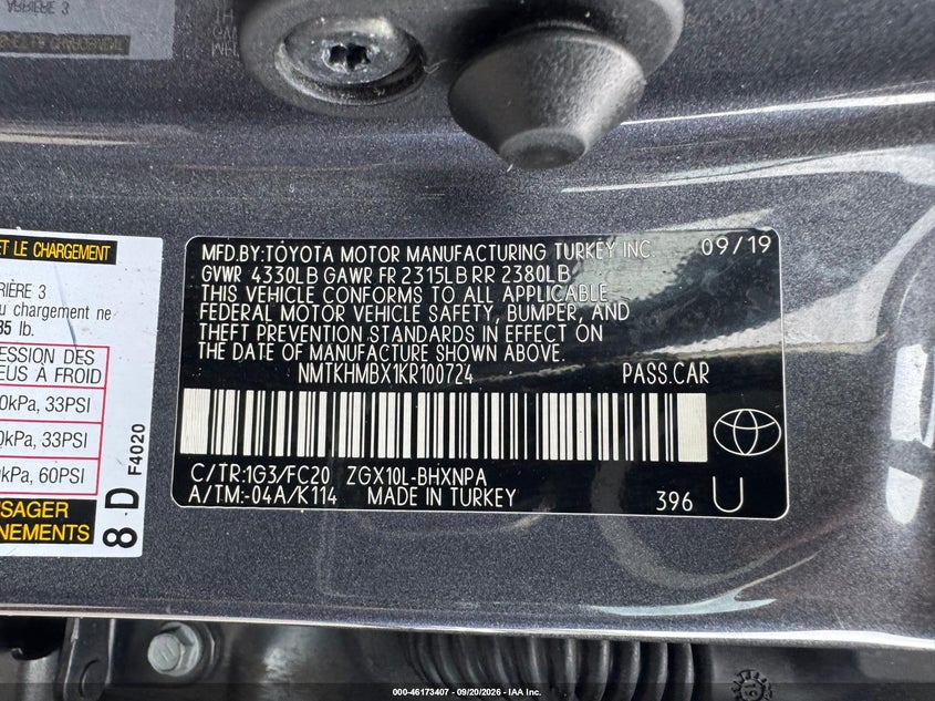TOYOTA C-HR 2019 VIN NMTKHMBX1KR100724