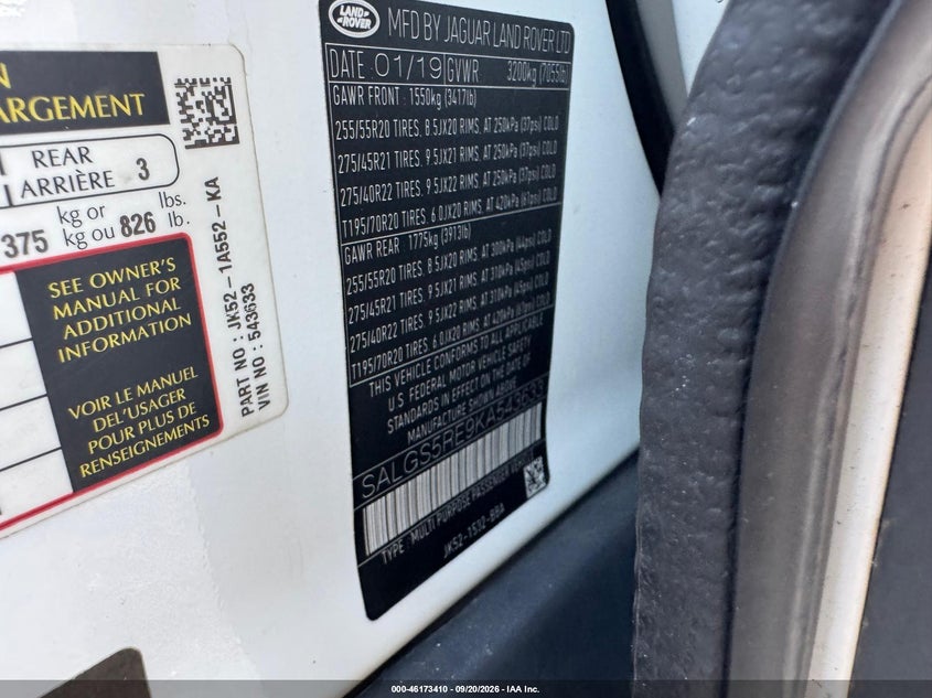 LAND-ROVER RANGE ROVER 2019 VIN SALGS5RE9KA543633