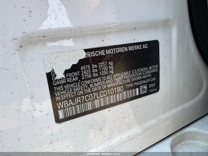 BMW 530I 2020 VIN WBAJR7C07LCD10180