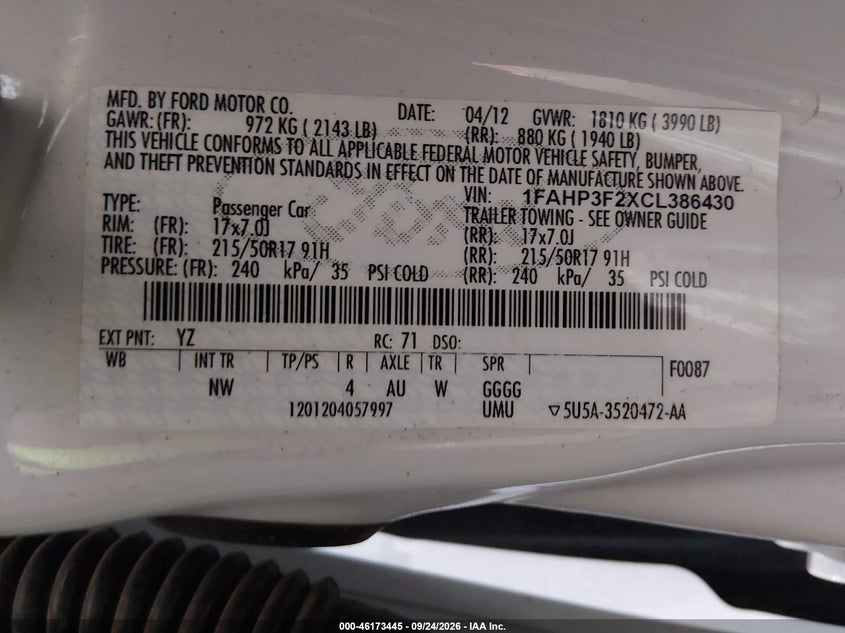 FORD FOCUS 2012 VIN 1FAHP3F2XCL386430