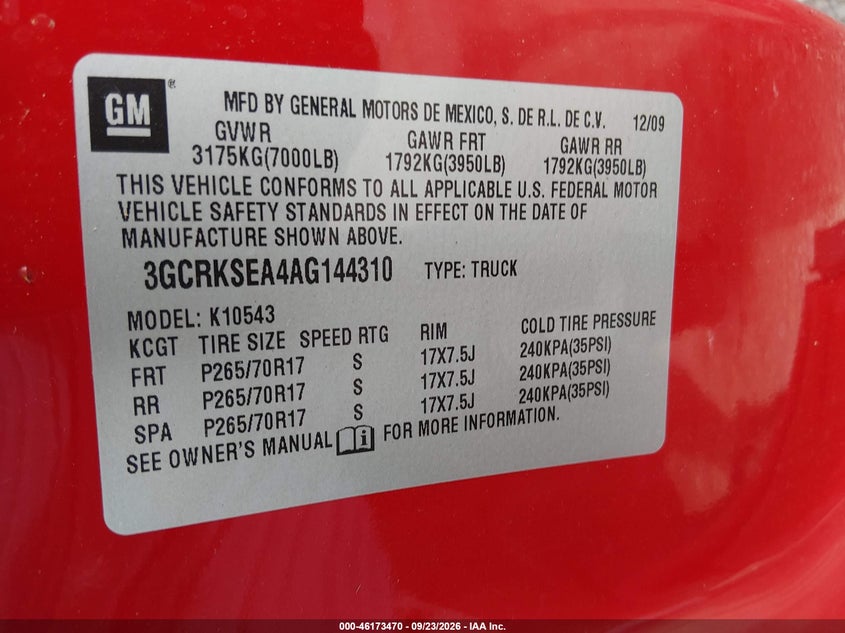 CHEVROLET SILVERADO 1500 2010 VIN 3GCRKSEA4AG144310