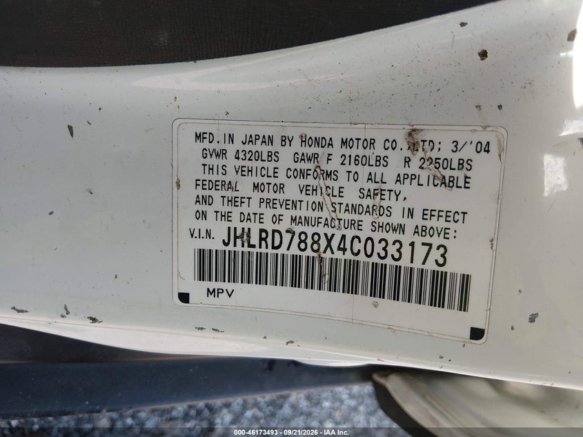 HONDA CR-V 2004 VIN JHLRD788X4C033173