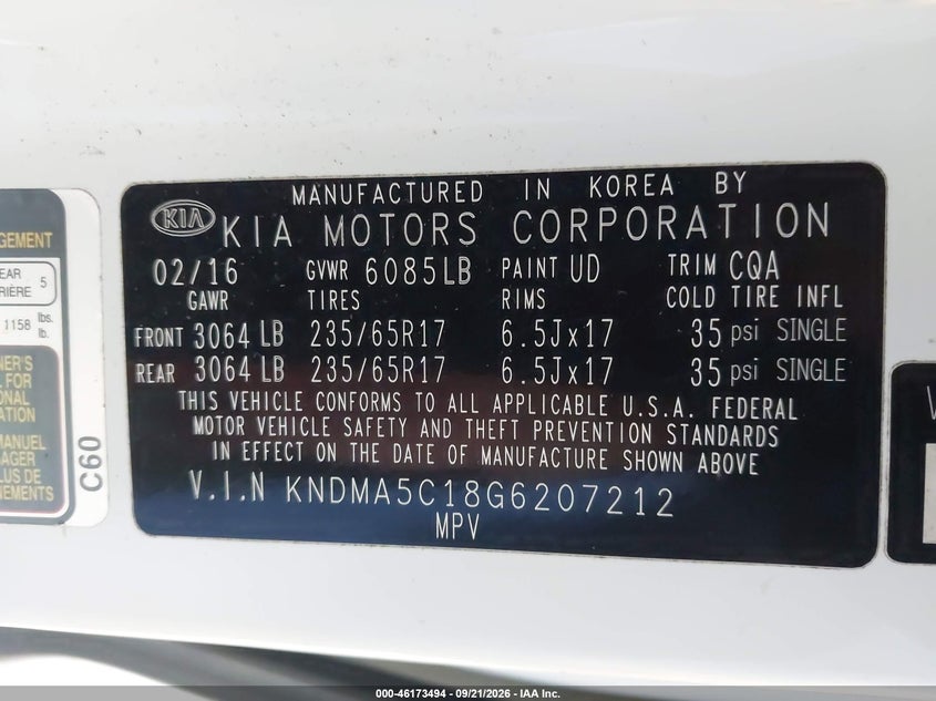 KIA SEDONA 2016 VIN KNDMA5C18G6207212