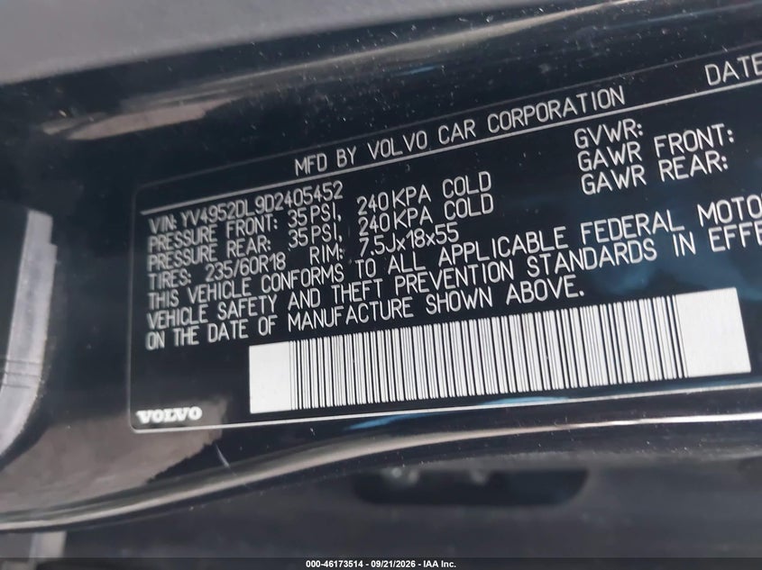 VOLVO XC60 2013 VIN YV4952DL9D2405452