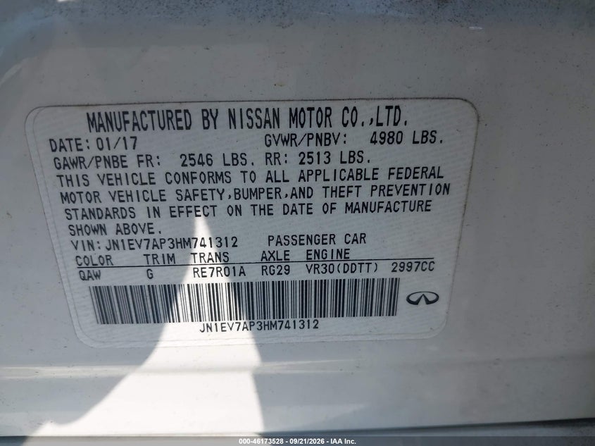 INFINITI Q50 2017 VIN JN1EV7AP3HM741312